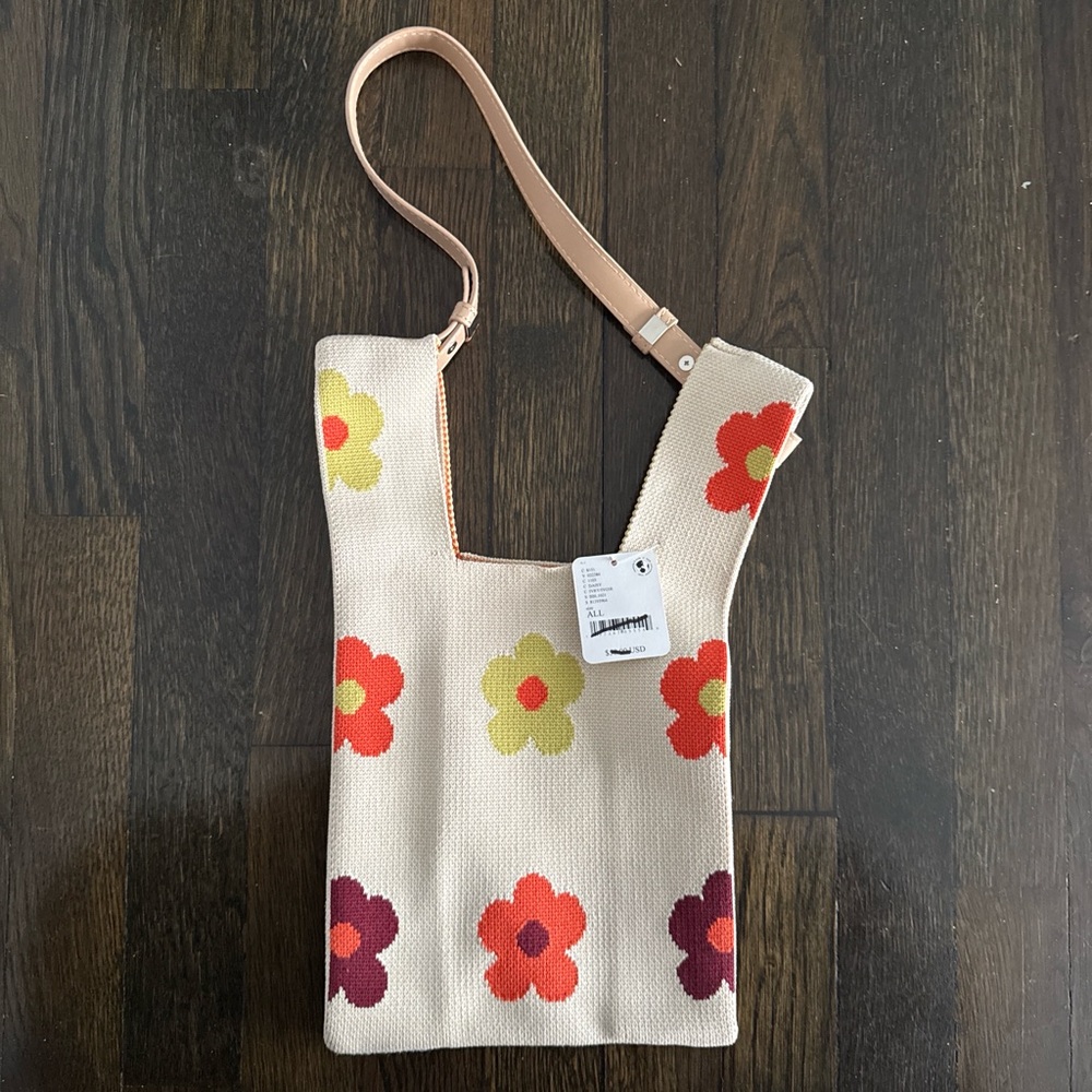Free People Cream Floral Knit Hobo with Red, Orange, Yellow & Purple Flowers